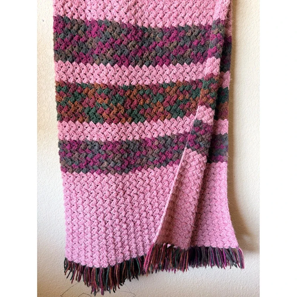 Handmade Crochet Throw‎ Blanket Pink Magenta Striped Boho Fringe Popcorn Stitch